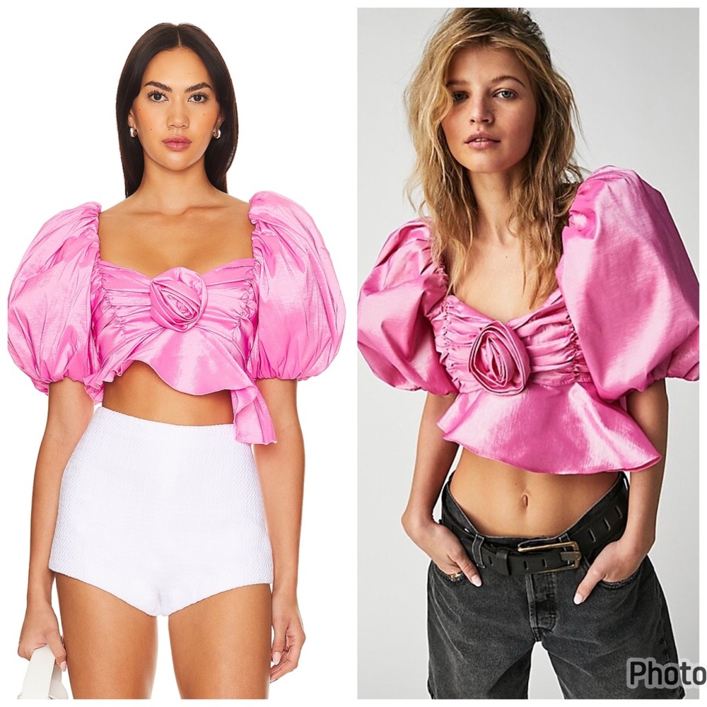For Love & Lemons Judith Crop Blouse 3D Flower Pink Small Revolve Free People